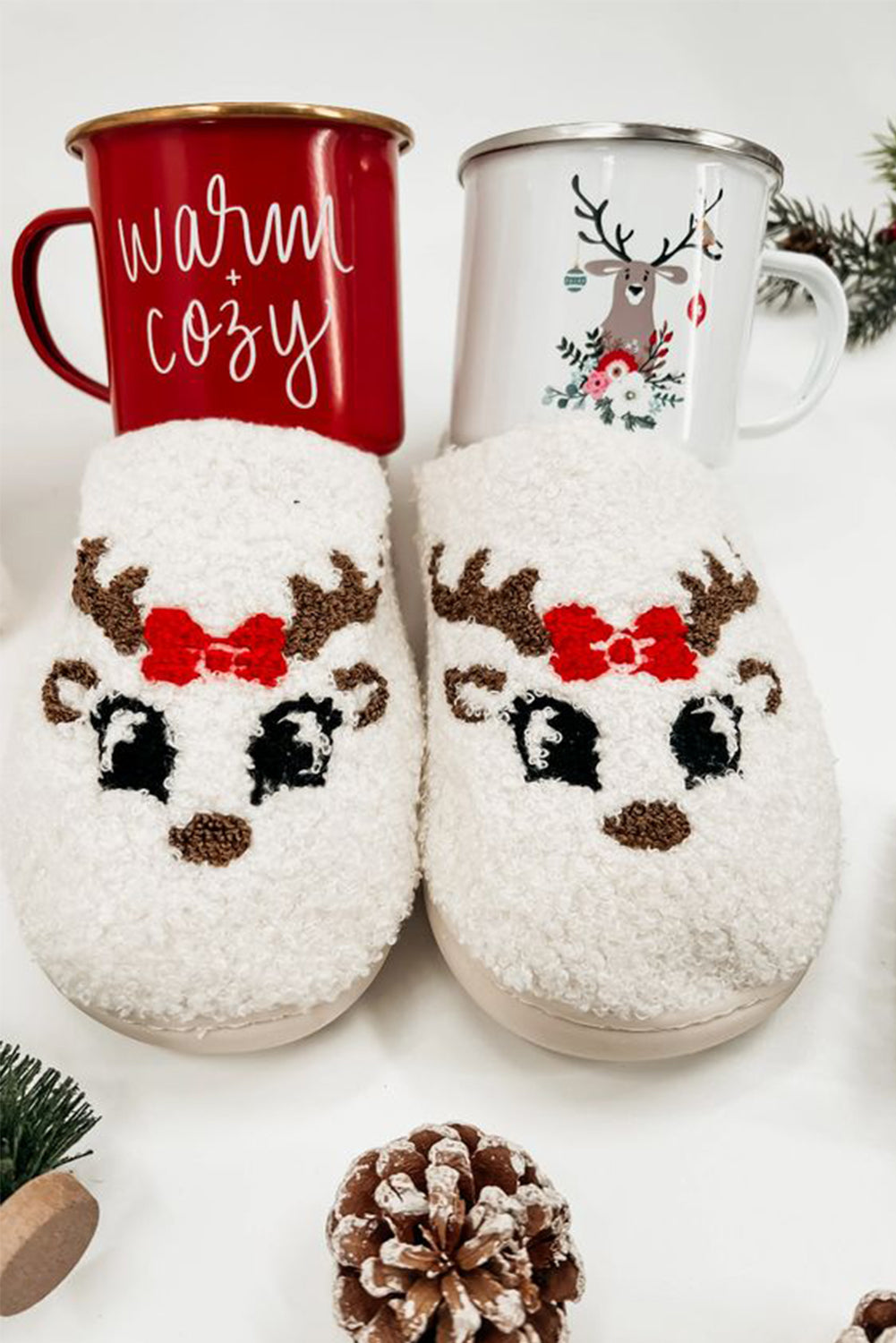 White Christmas Cartoon Pattern Plush Slippers - Little Miss Vanilla