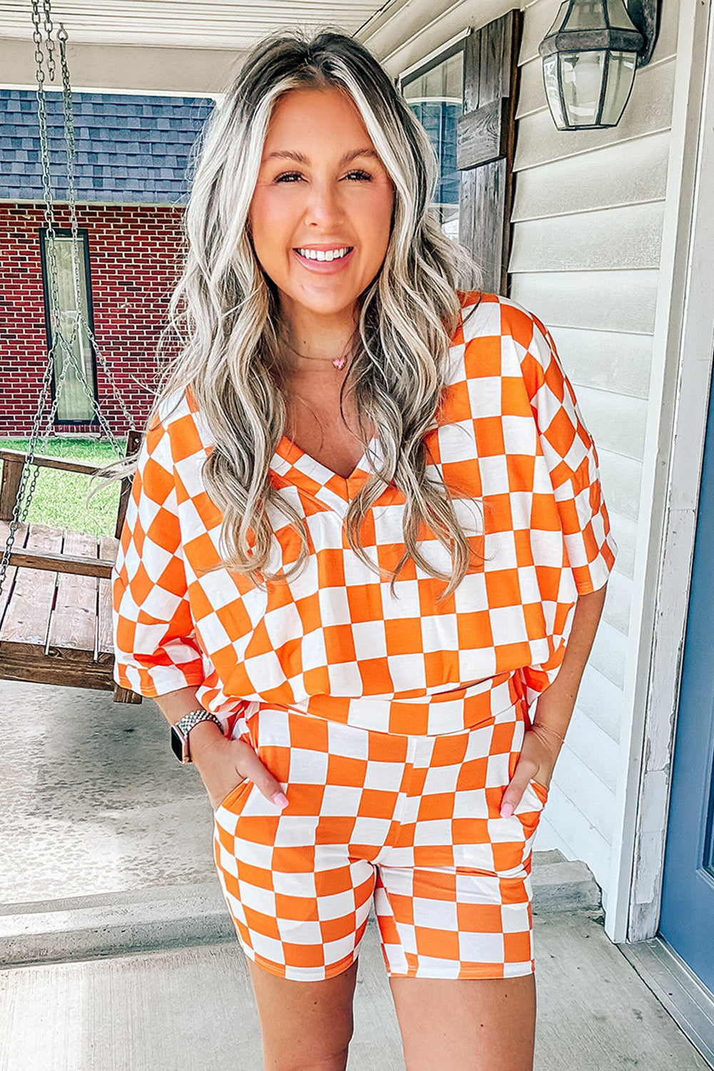 Orange Checkerboard Print V Neck Loose Tee and Shorts Lounge Set - Little Miss Vanilla