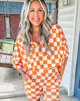 Orange Checkerboard Print V Neck Loose Tee and Shorts Lounge Set - Little Miss Vanilla