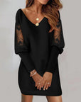 Long-sleeved V-neck Dress Spring And Autumn New Style Lace Splicing Dress For Womens Clothing