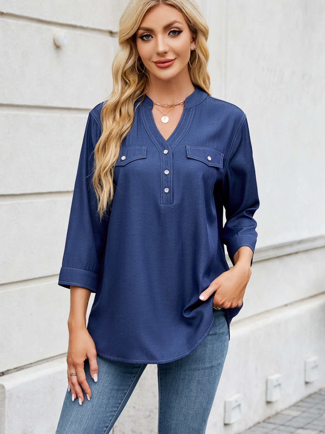 Notched Three-Quarter Sleeve Denim Top - Little Miss Vanilla