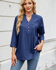 Notched Three-Quarter Sleeve Denim Top - Little Miss Vanilla