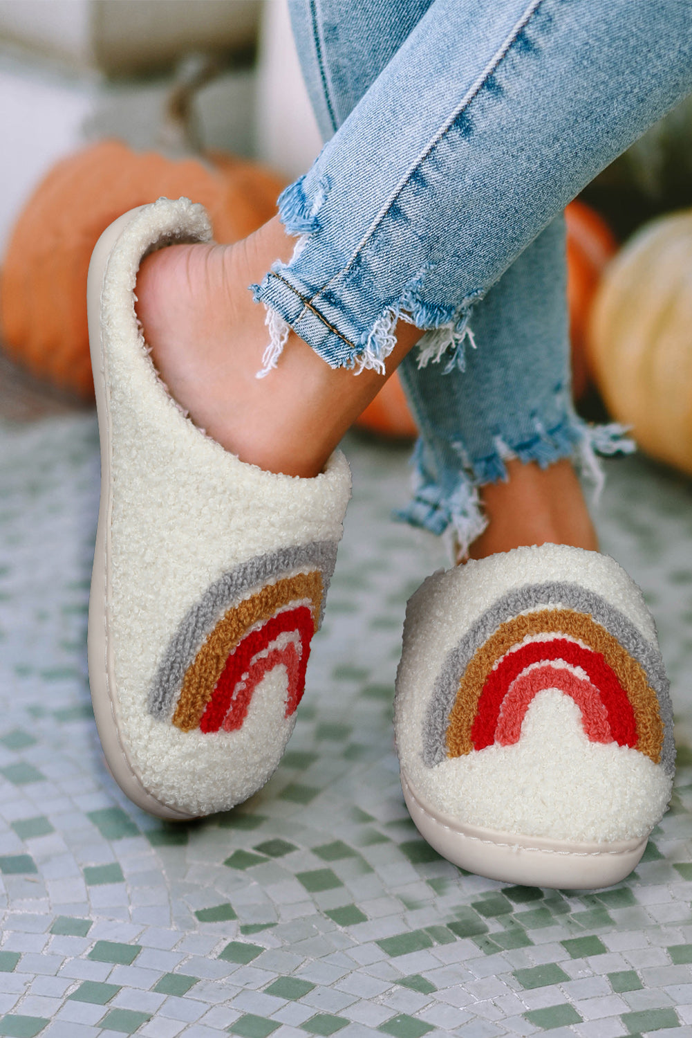 Bright White Rainbow Plush Winter Home Slippers - Little Miss Vanilla