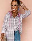 Pink Checkered Print Loose Fit Buttoned Hooded Shacket