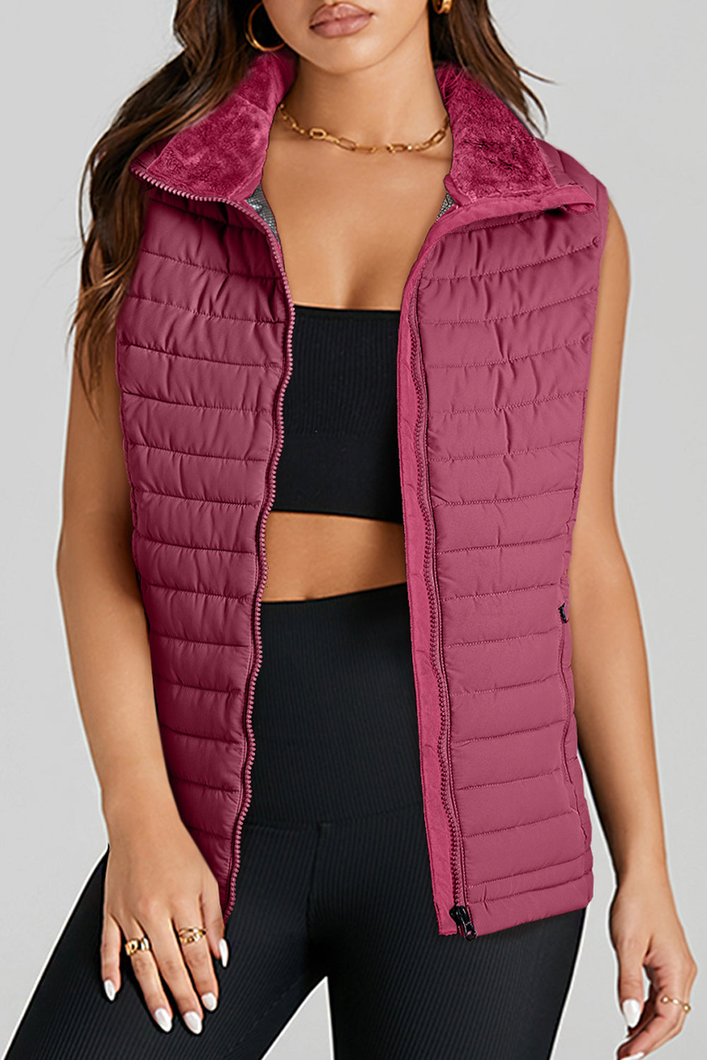 Burgundy Plush Collared Quilted Zipped Puffer Vest - Little Miss Vanilla