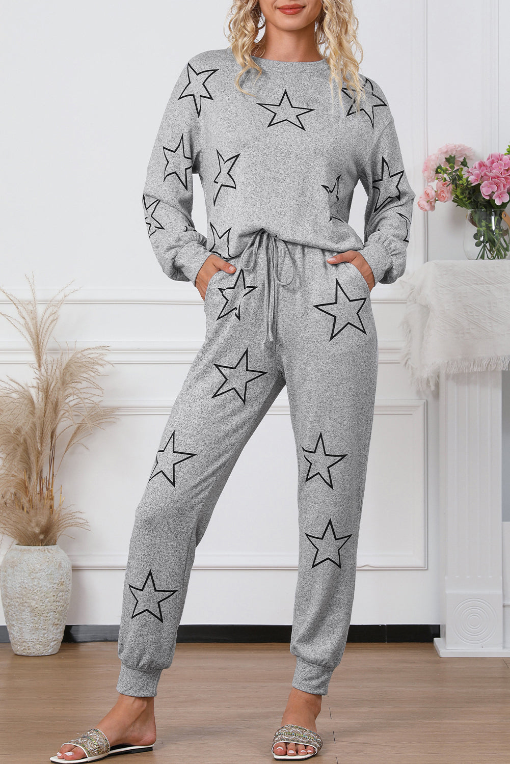 Gray Stars Print Long Sleeve Drawstring High Waist Lounge Set - Little Miss Vanilla