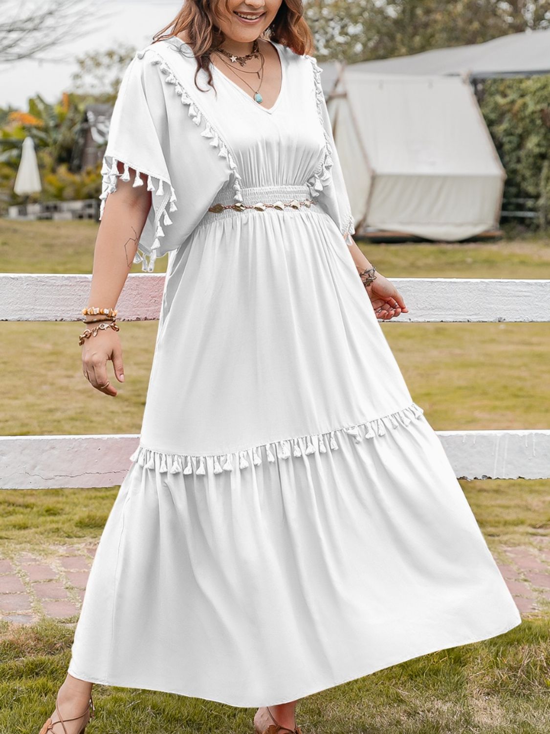 Plus Size Tassel Smocked V-Neck Half Sleeve Dress - Little Miss Vanilla