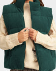 Jungle Green Corduroy Stand Neck Zipped Puffer Vest