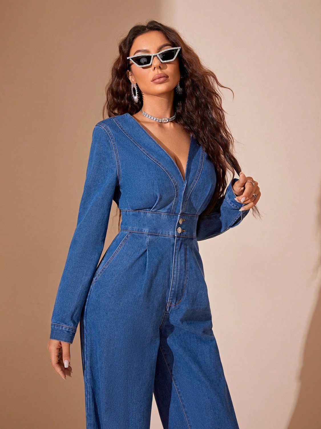 Plunge Long Sleeve Wide Leg Denim Jumpsuit - Little Miss Vanilla