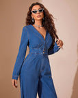 Plunge Long Sleeve Wide Leg Denim Jumpsuit - Little Miss Vanilla