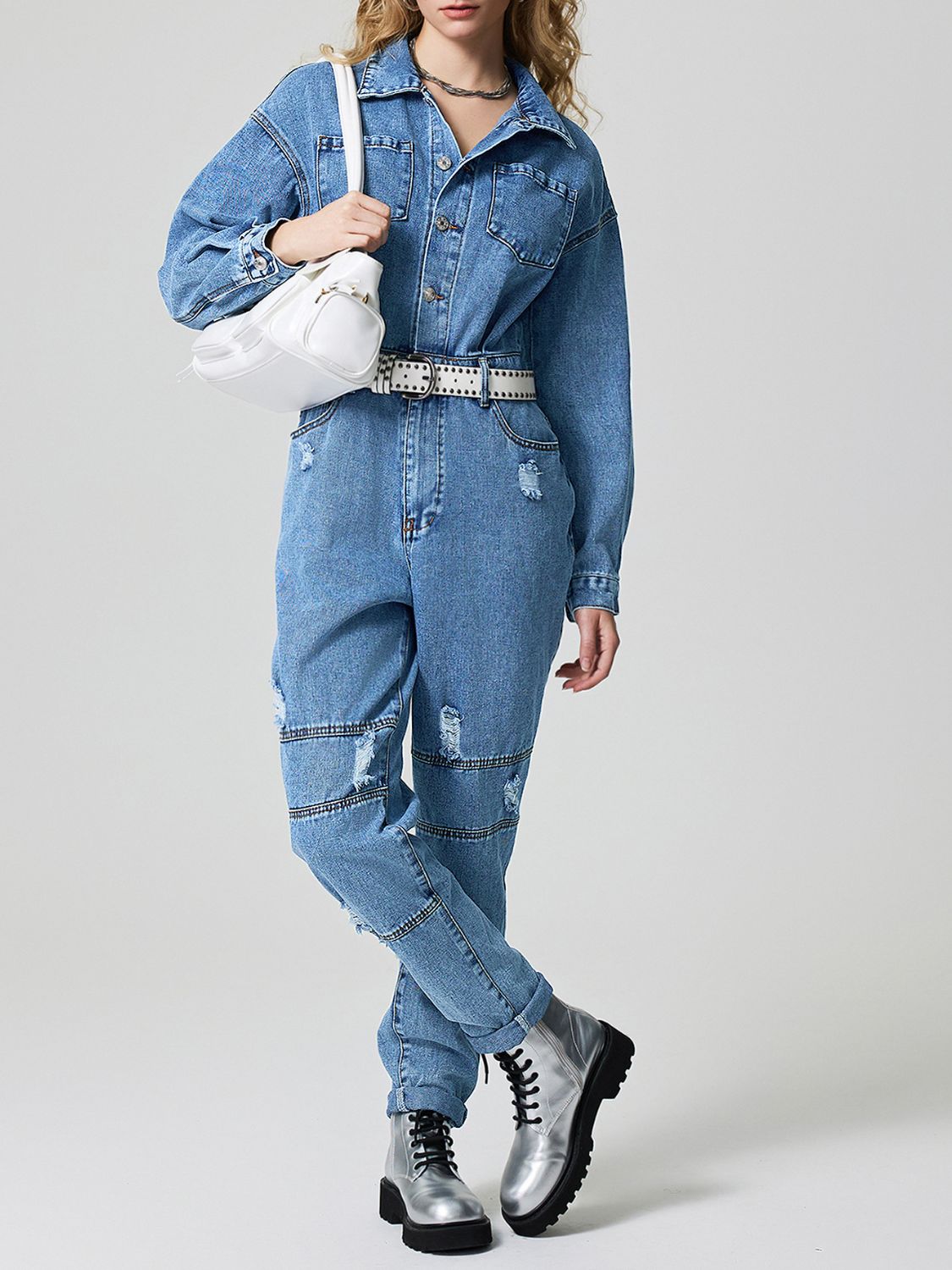 Distressed Button Down Drop Shoulder Denim Jumpsuit - Little Miss Vanilla