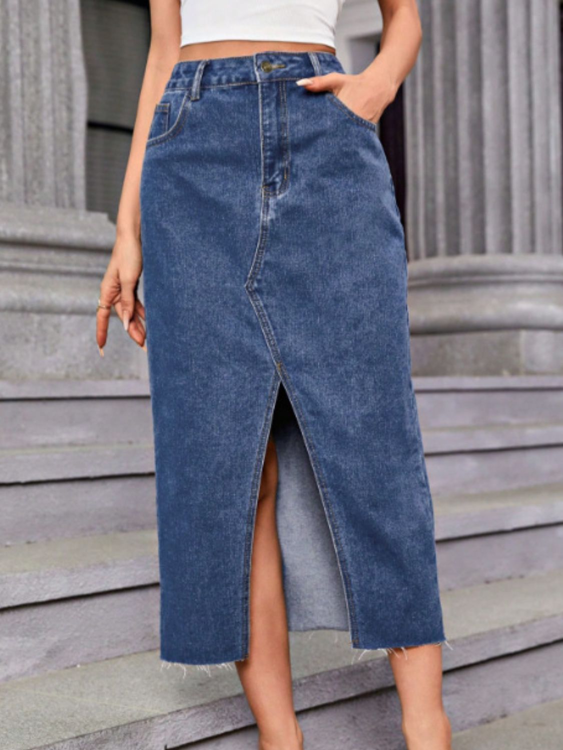 Slit Midi Denim Skirt with Pockets - Little Miss Vanilla