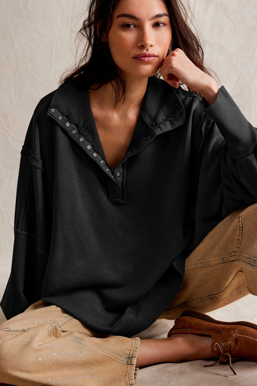 Exposed Seam Side Slit Long Sleeve Sweatshirt - Little Miss Vanilla