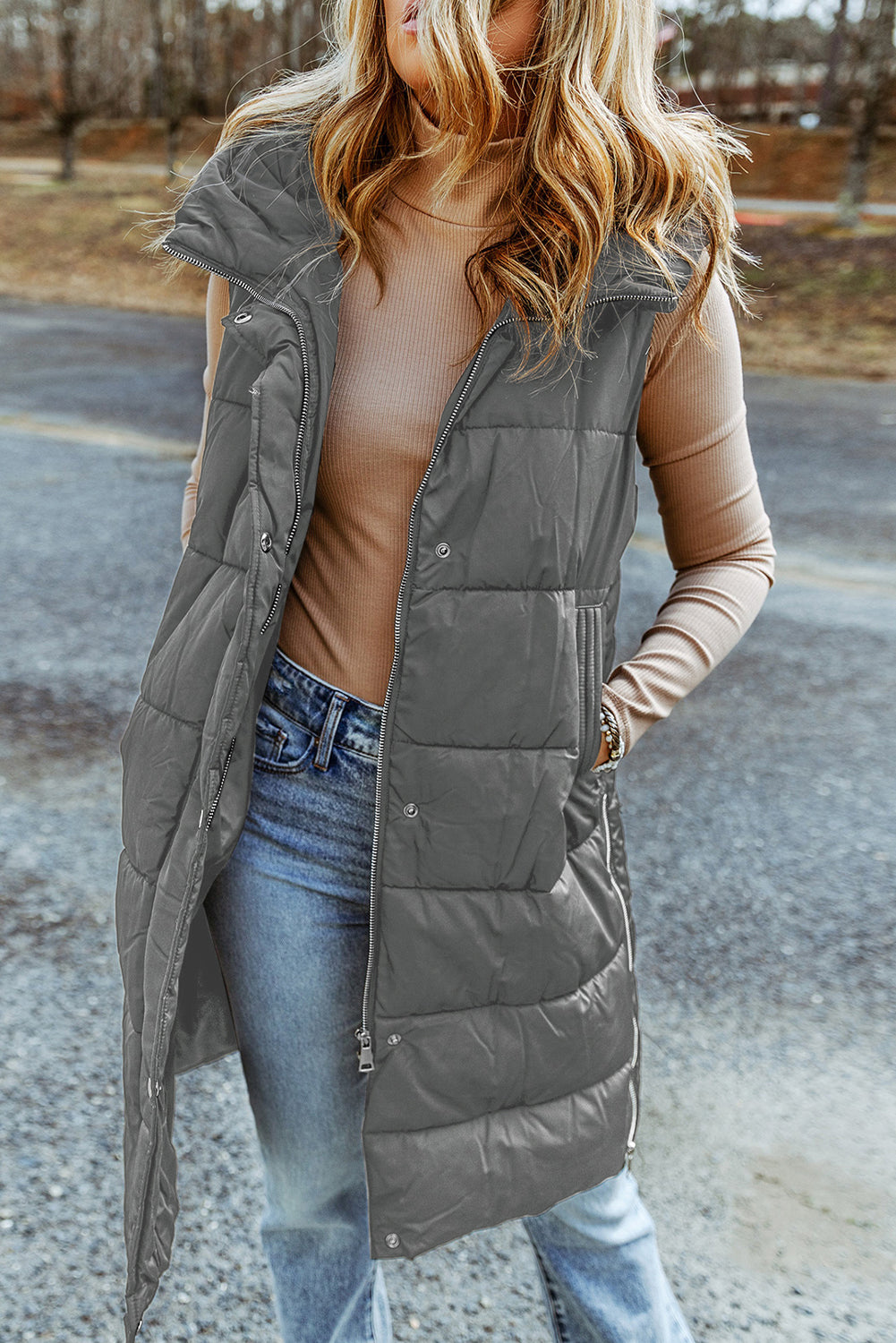 Dark Grey Hooded Long Quilted Vest Coat - Little Miss Vanilla