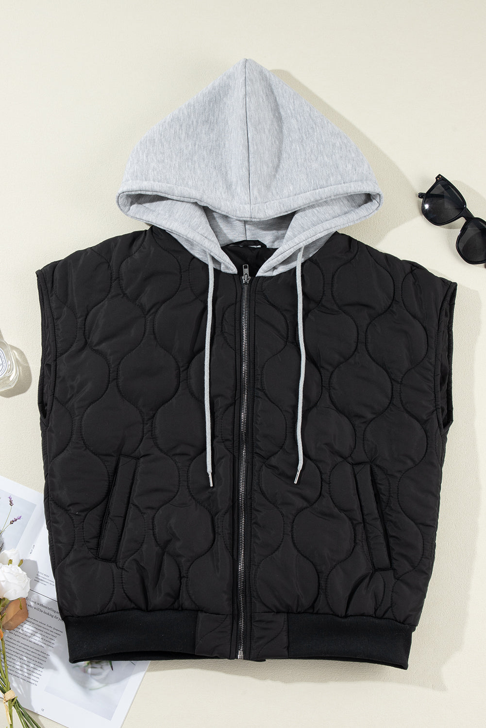 Black Quilted Drawstring Hooded Zip Up Puffer Vest - Little Miss Vanilla