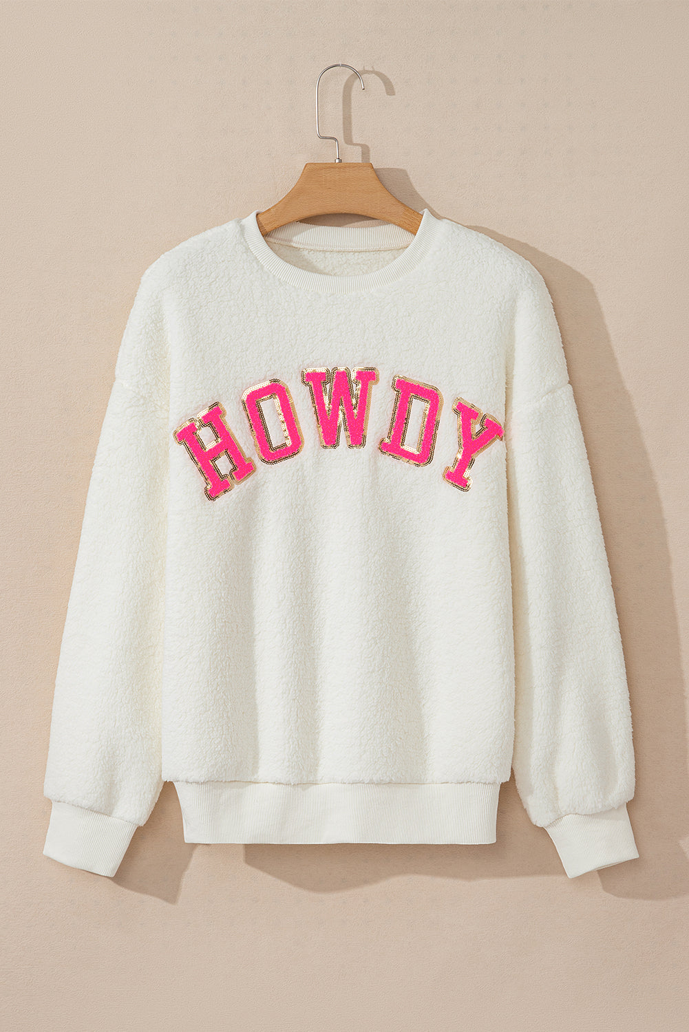 HOWDY Patched Round Neck Sherpa Sweatshirt - Little Miss Vanilla