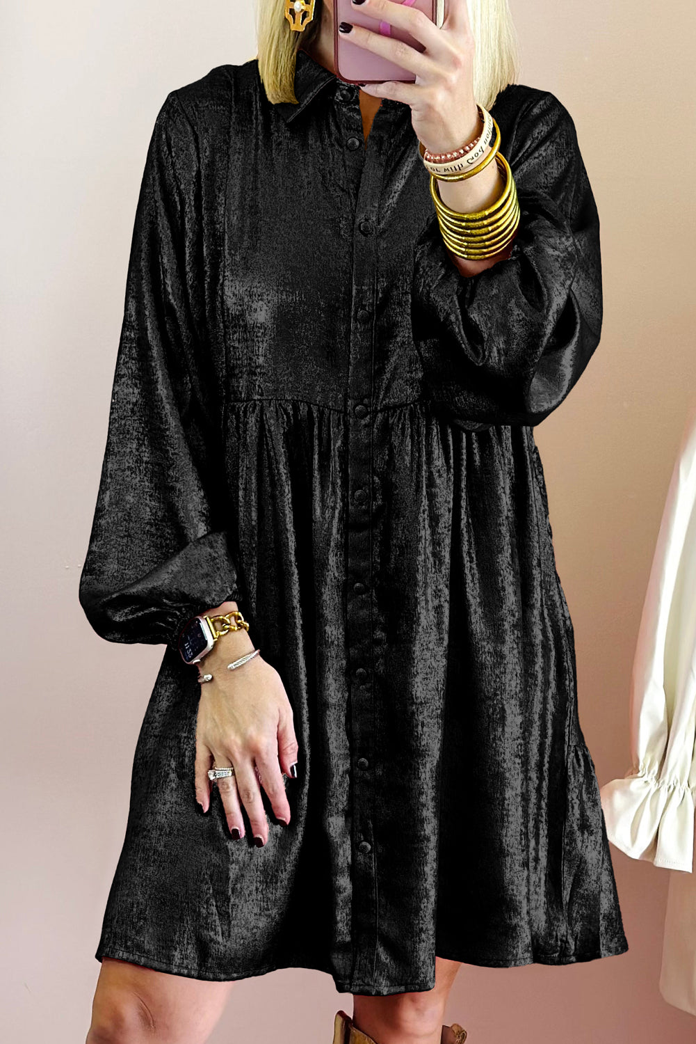 Black Metallic Sheen Puff Sleeve Button Up Mini Shirt Dress - Little Miss Vanilla