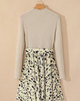 Beige Ribbed Knit Patchwork Printed Belted A-line Dress - Little Miss Vanilla