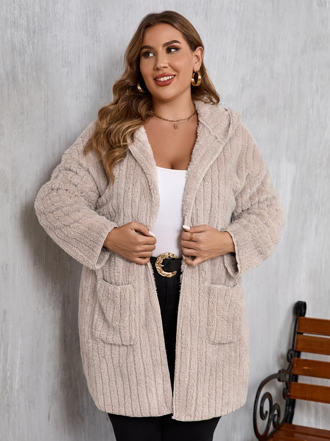 Plus Size Open Front Long Sleeve Hooded Fuzzy Jacket - Little Miss Vanilla