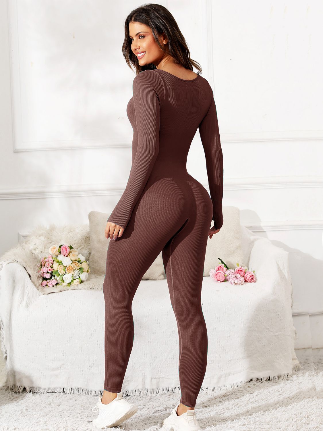 Scoop Neck Long Sleeve Active Jumpsuit - Little Miss Vanilla