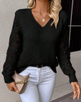 Solid V-neck Pullover Sweater With Hollow Long Sleeve Fashion Tops For Women Clothing