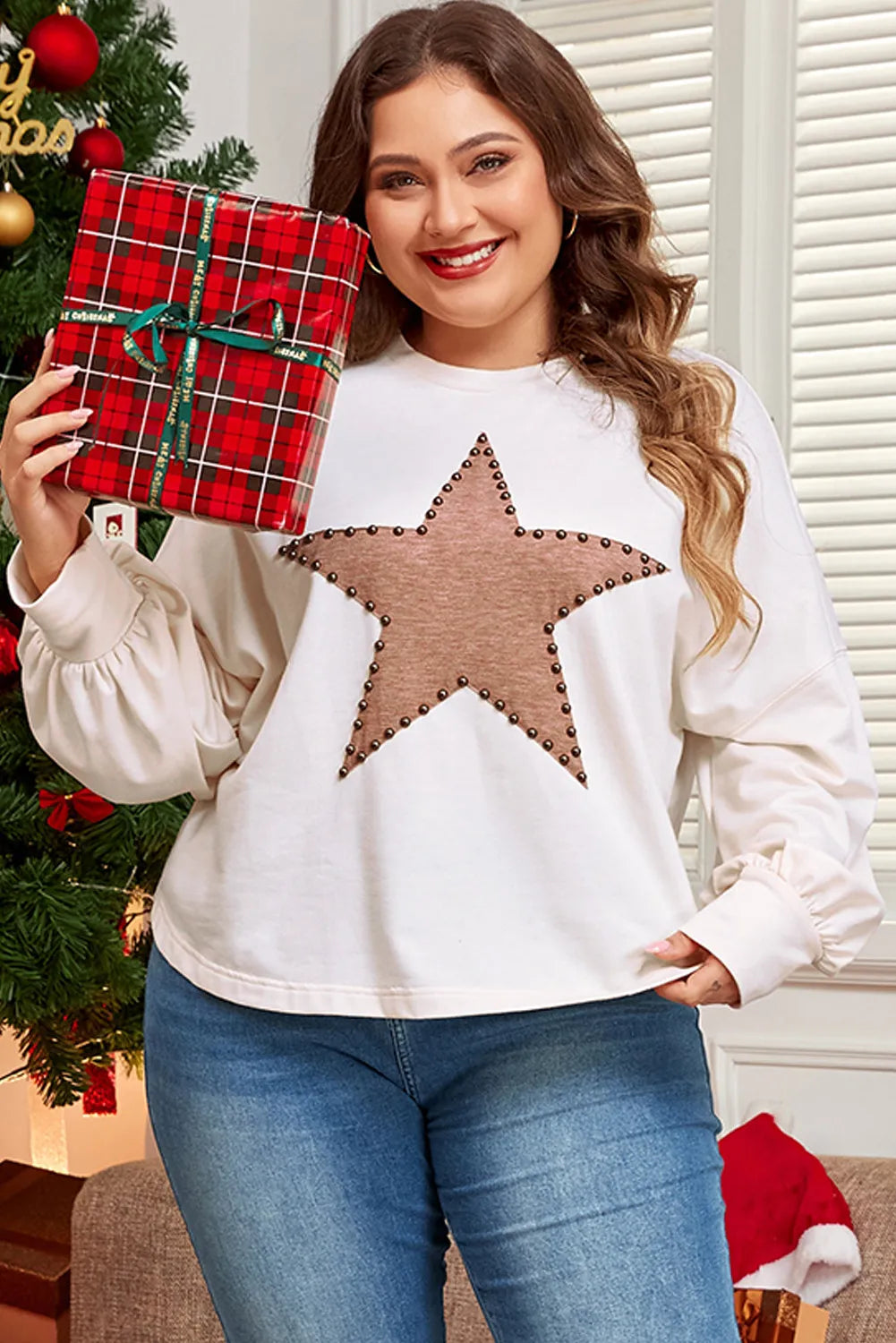 Plus Size Studded Star Round Neck Long Sleeve Blouse - Little Miss Vanilla