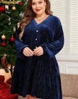 Plus Size Textured Velvet Decorative Button Long Sleeve Dress - Little Miss Vanilla