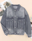 Gray Chest Pockets Drop Shoulder Loose Denim Jacket - Little Miss Vanilla