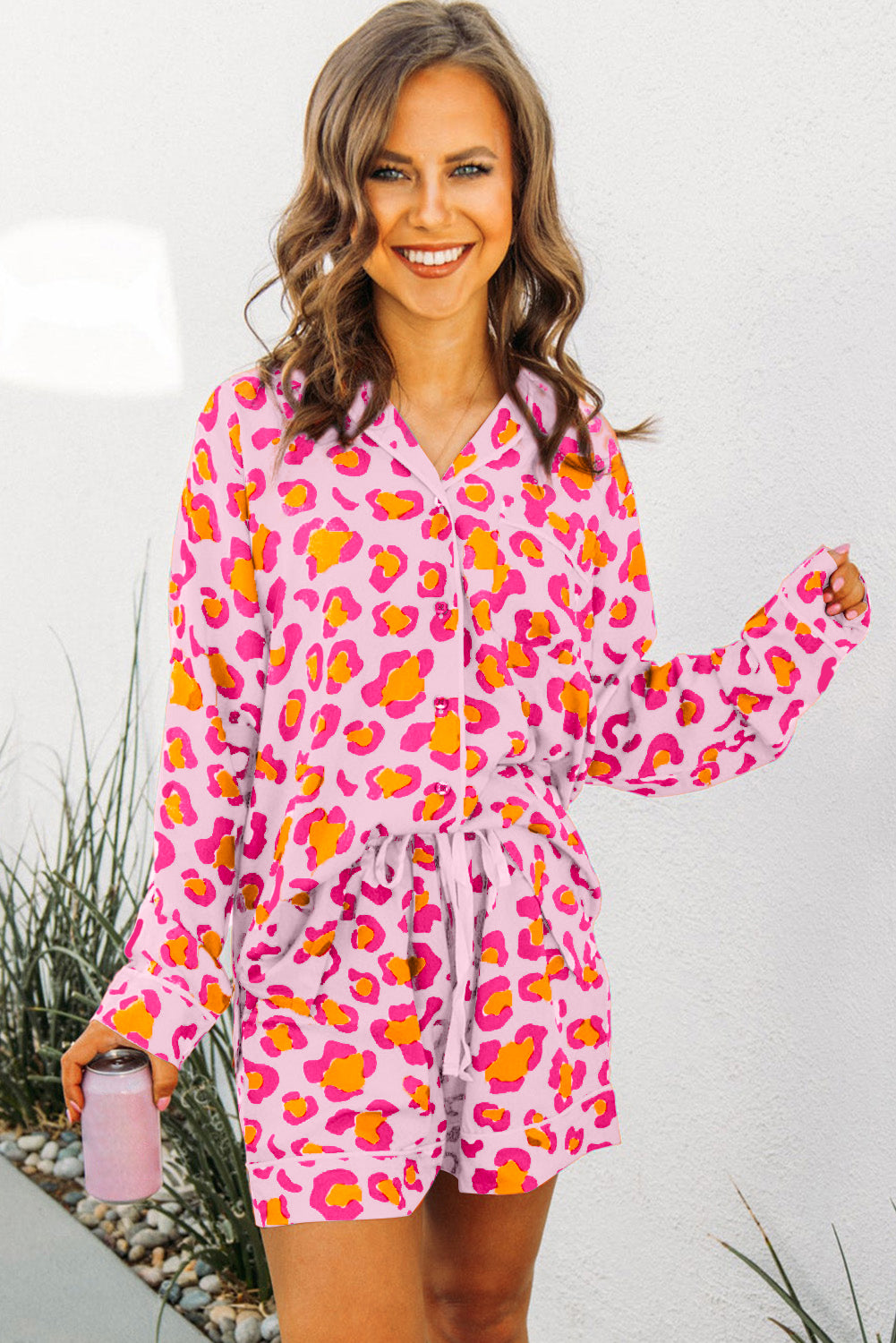 Pink Leopard Print Long Sleeve Shirt and Shorts Pajama Set - Little Miss Vanilla