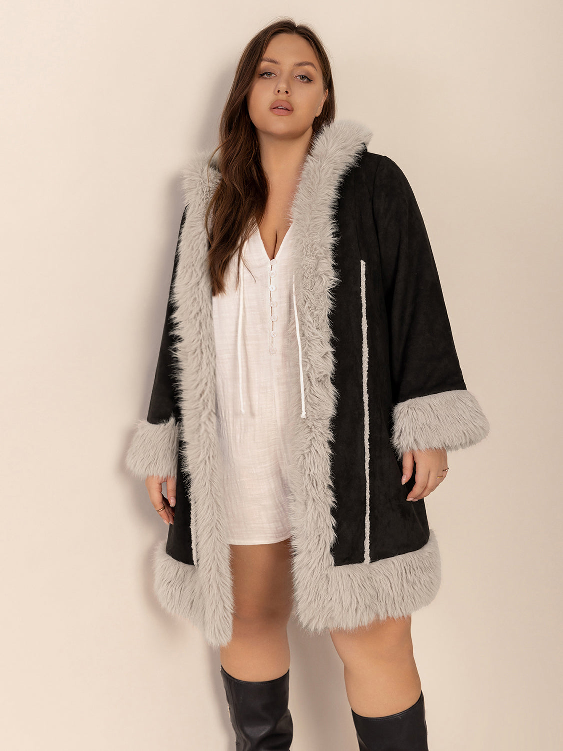 Plus Size Fuzzy Trim Open Front Long Sleeve Hooded Coat - Little Miss Vanilla