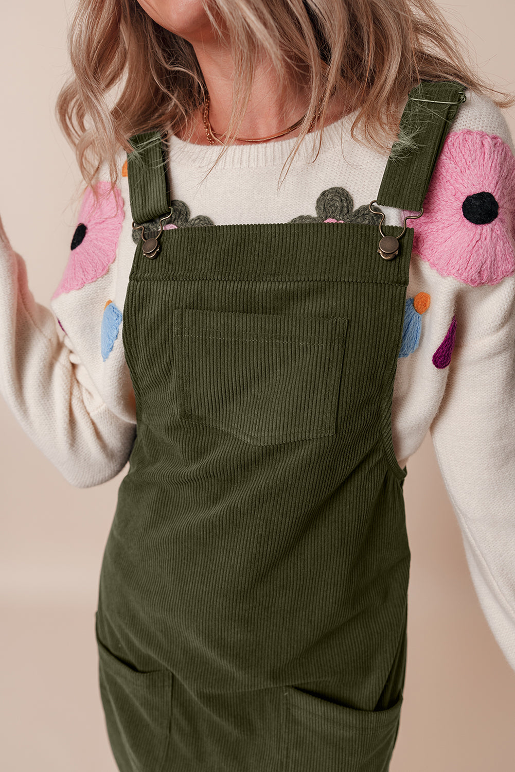 Vineyard Green Solid Front Pockets Sleeveless Corduroy Overall Dress - Little Miss Vanilla