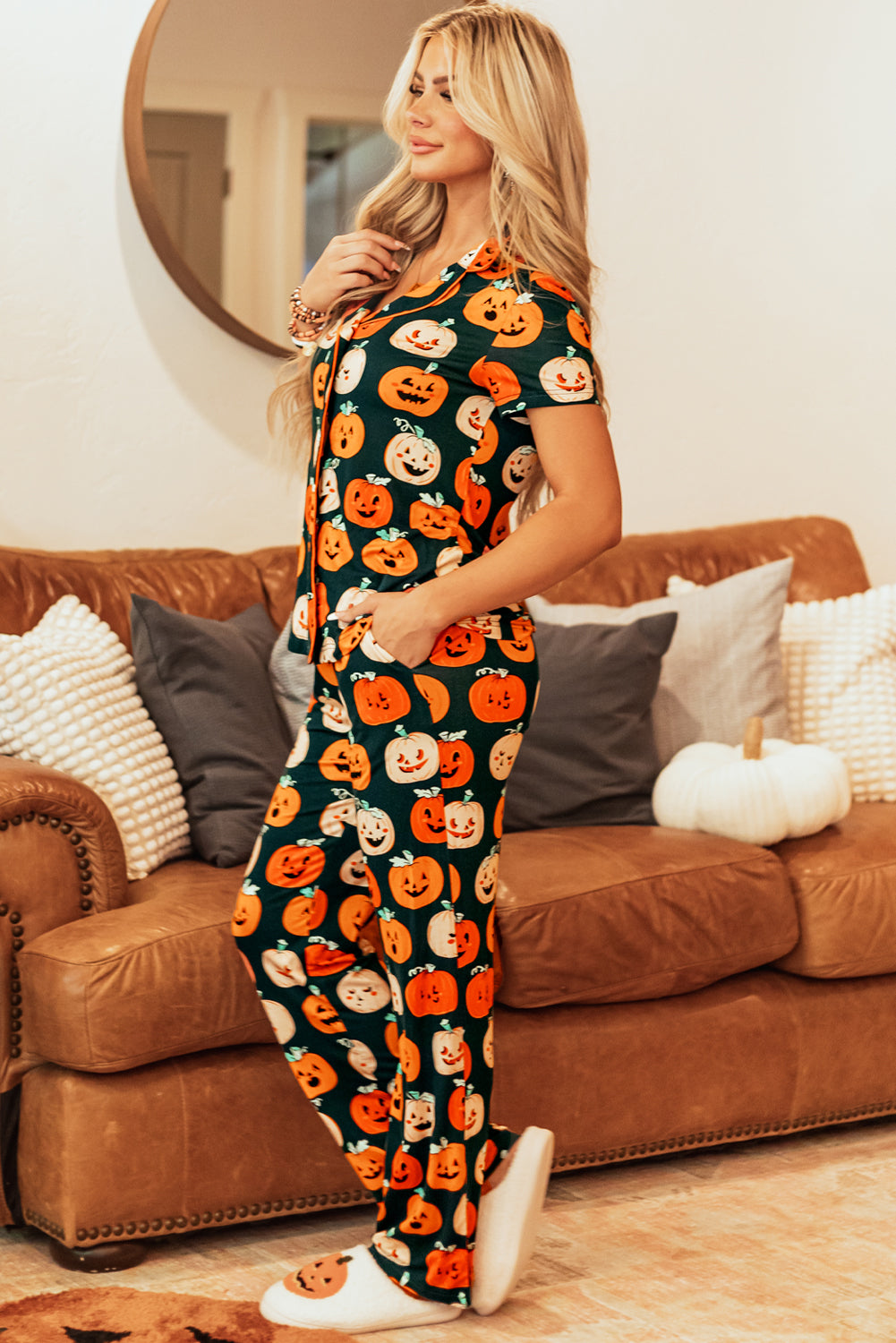 Orange Halloween Pattern Short Sleeve Shirt Pajama Set - Little Miss Vanilla