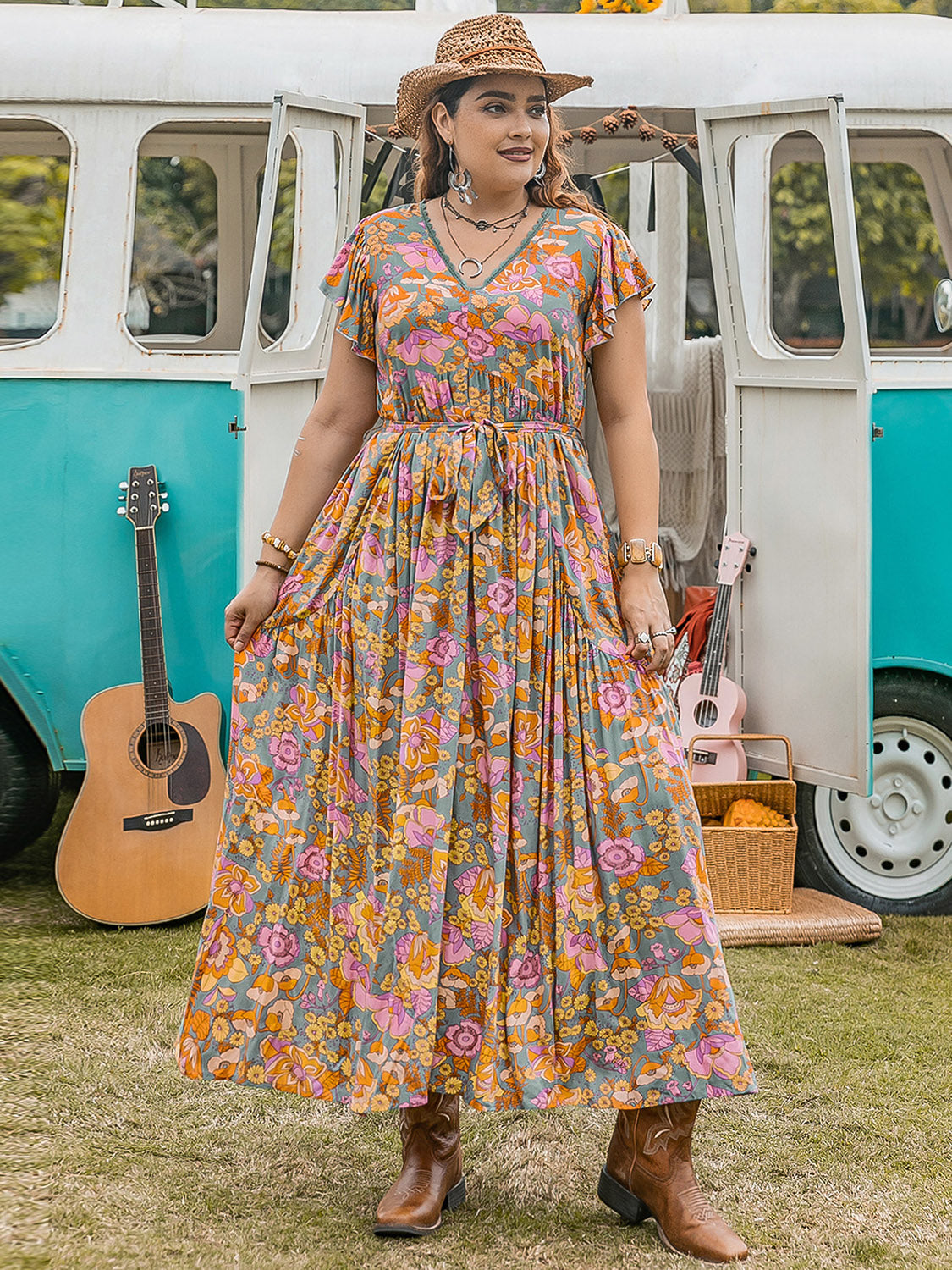 Plus Size Ruffled Printed Cap Sleeve Dress - Little Miss Vanilla