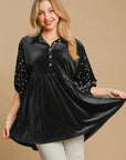 Umgee Pearl Detail Half Sleeve Velvet Babydoll Blouse - Little Miss Vanilla