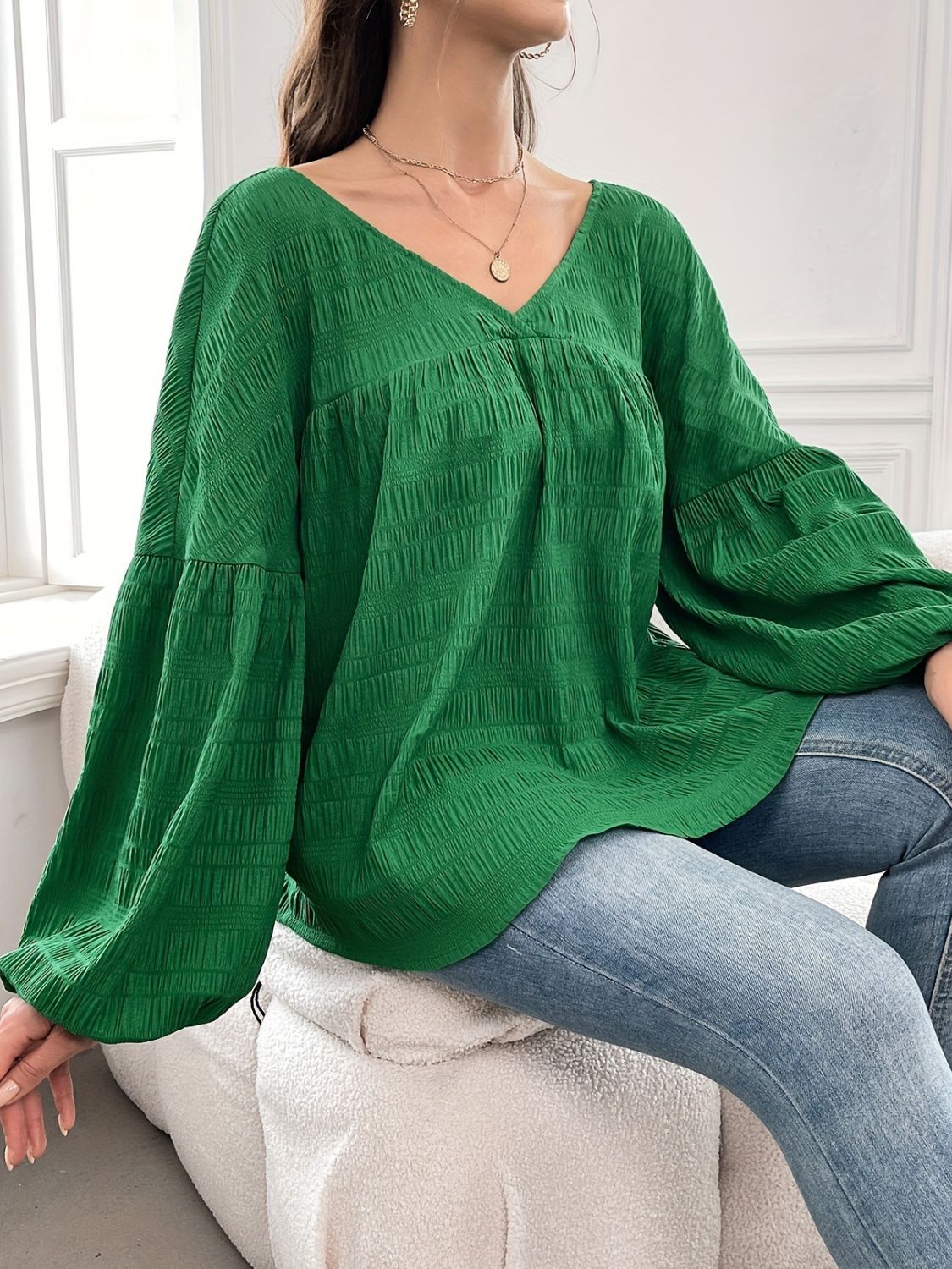 Plus Size Texture V-Neck Long Sleeve Top - Little Miss Vanilla