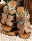 Brown Cut Out H Shape Band PU Leather Slippers - Little Miss Vanilla