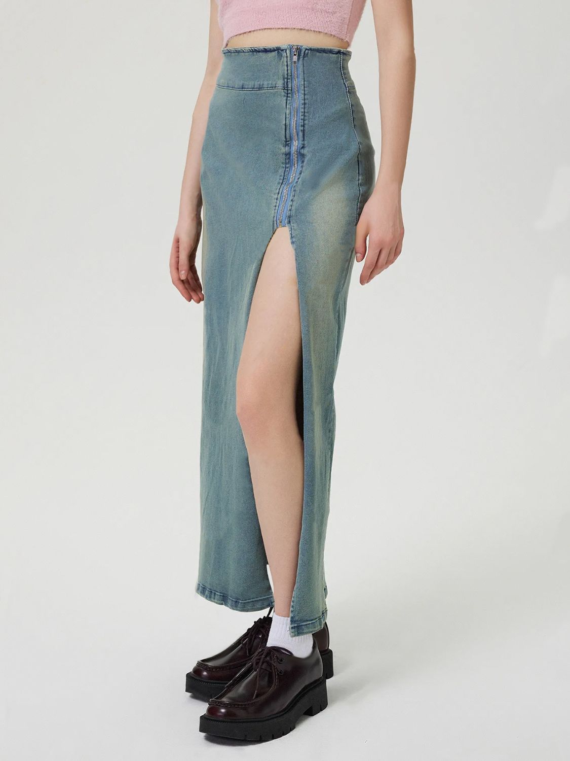 Slit Denim Skirt with Zip - Little Miss Vanilla