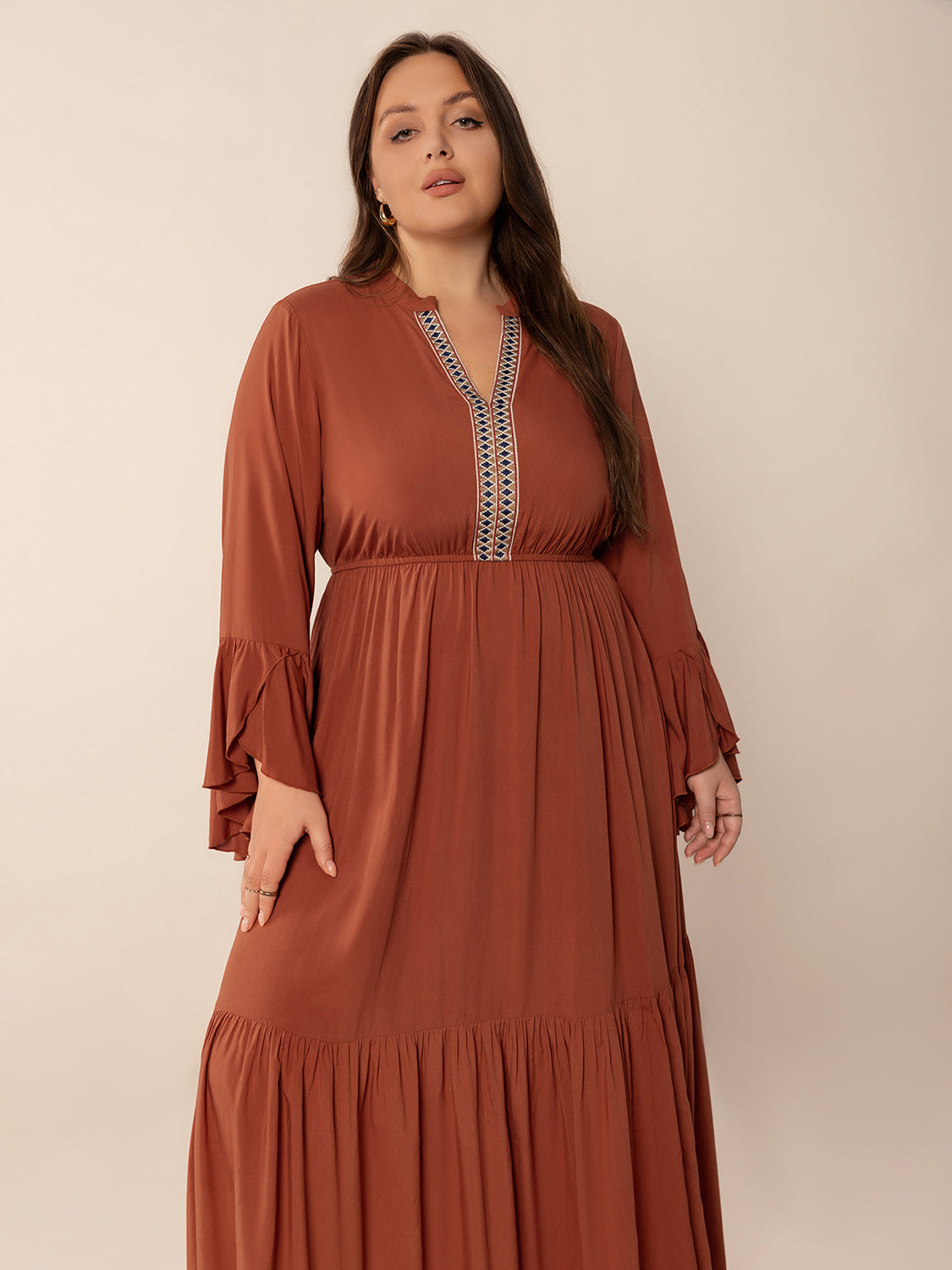 Plus Size Ruffled Notched Long Sleeve Midi Dress - Little Miss Vanilla