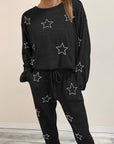 Black Stars Print Long Sleeve Drawstring High Waist Lounge Set - Little Miss Vanilla