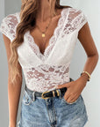 Perfee Lace Backless V-Neck Cap Sleeve Bodysuit - Little Miss Vanilla