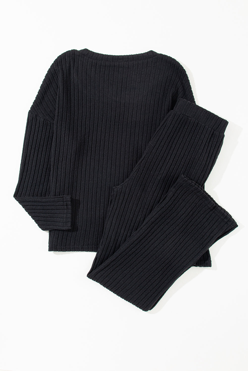 Black Ribbed Knit V Neck Slouchy Two-piece Outfit - Little Miss Vanilla