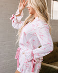 Pink Satin Bow Bell Sleeve Shirt and Ruffled Shorts Pajama Set