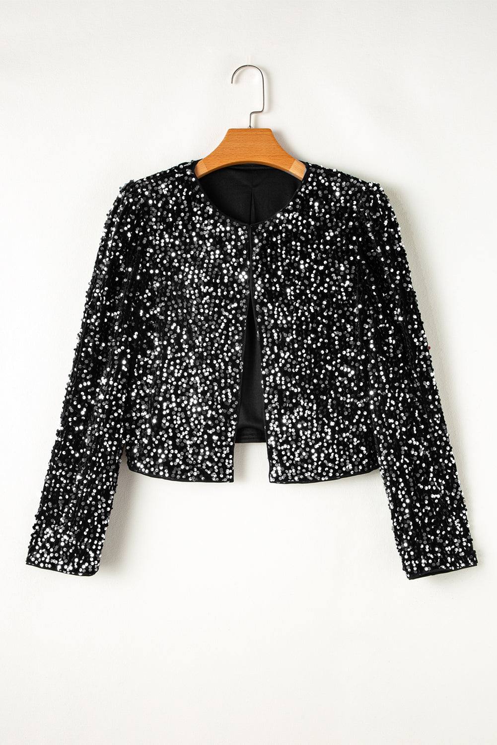 Black Sequined Open Front Cropped Jacket - Little Miss Vanilla