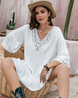 Plus Size Lace Detail Tie Neck Three-Quarter Sleeve Mini Dress - Little Miss Vanilla