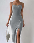 Women's Solid Color Bright Diamond Side Slit Suspender Dress