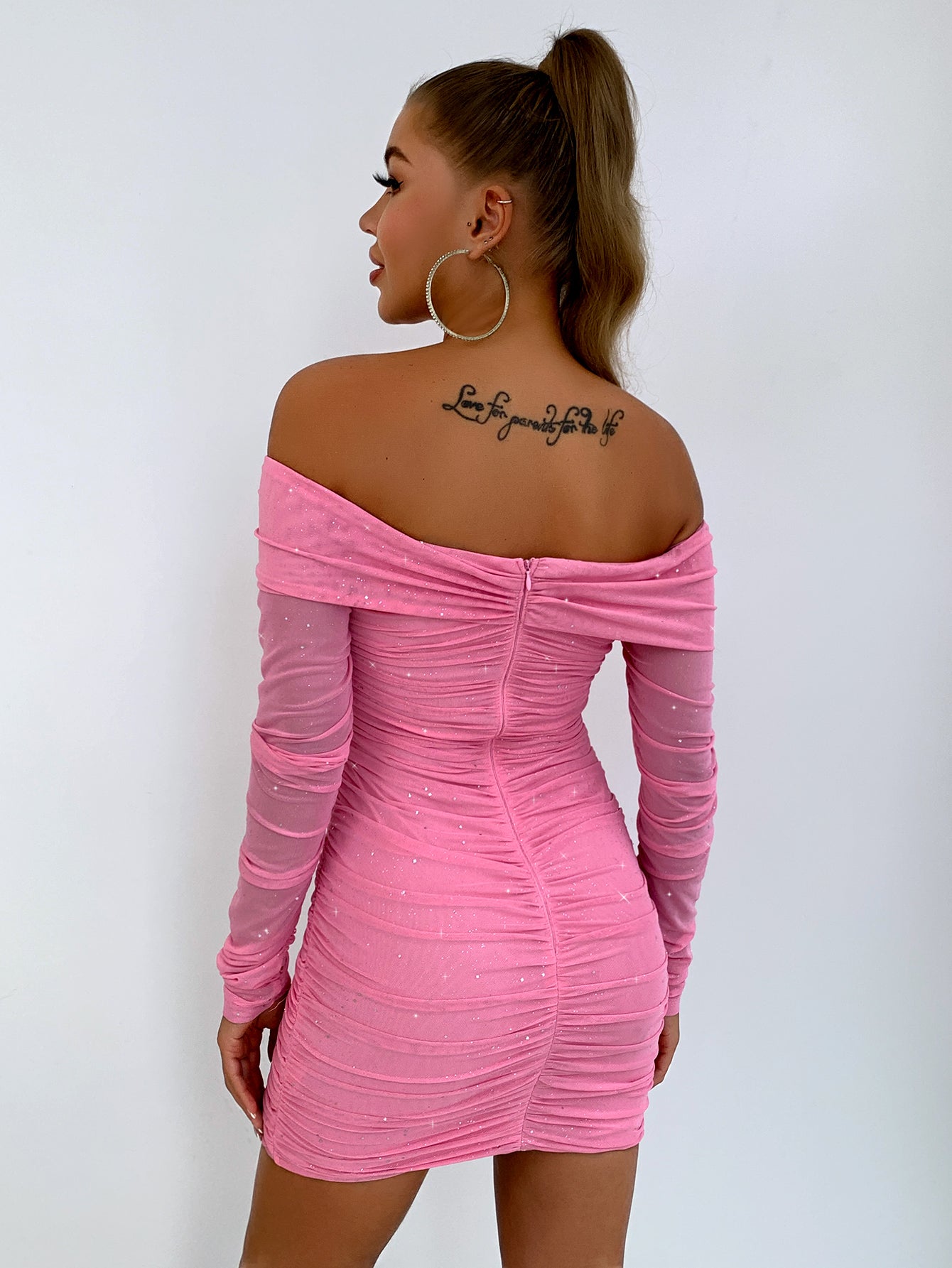 Glitter Ruched Off-Shoulder Long Sleeve Bodycon Dress - Little Miss Vanilla