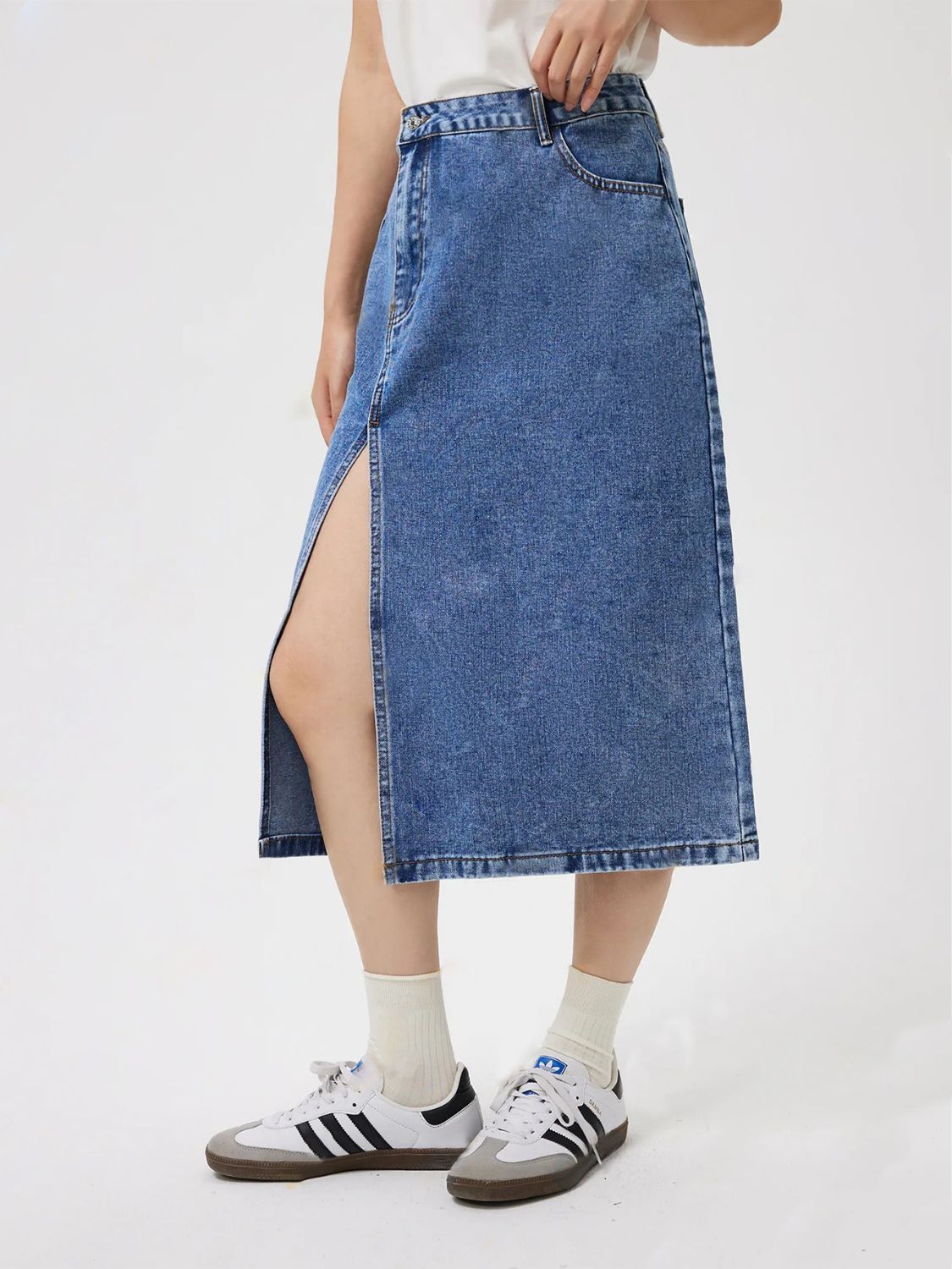 Slit Midi Denim Skirt with Pockets - Little Miss Vanilla