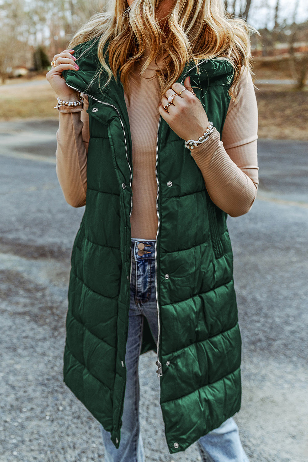 Green Hooded Long Quilted Vest Coat - Little Miss Vanilla