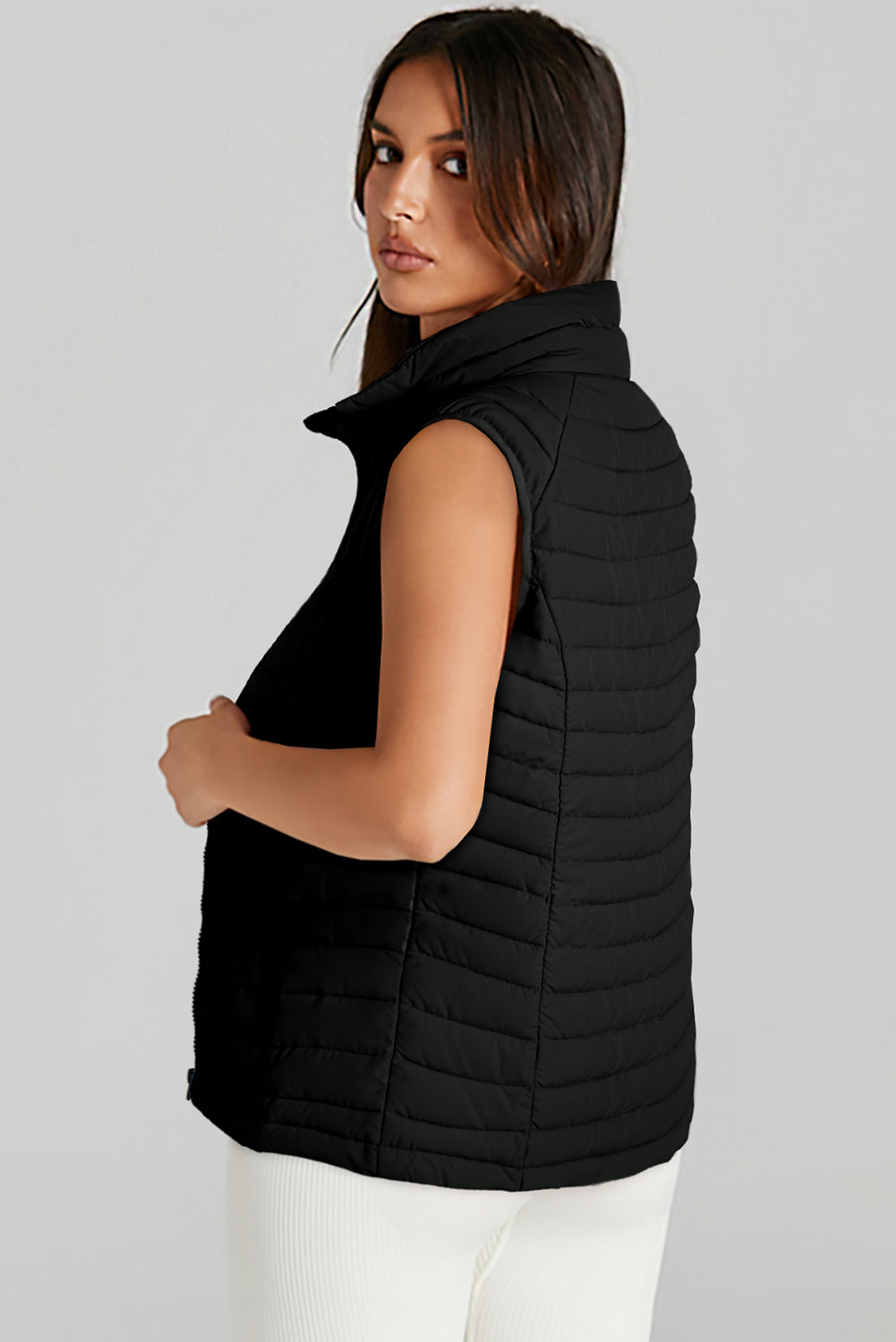 Black Plush Collared Quilted Zipped Puffer Vest - Little Miss Vanilla