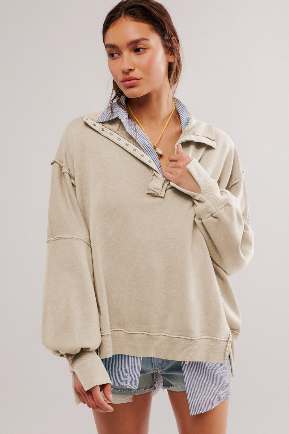 Exposed Seam Side Slit Long Sleeve Sweatshirt - Little Miss Vanilla